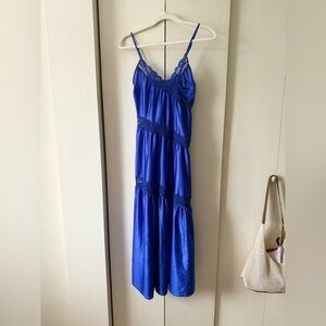 Vintage Slip Dress Royal Blue Vintage Maxi Dress with Asymmetrical Lace Accents